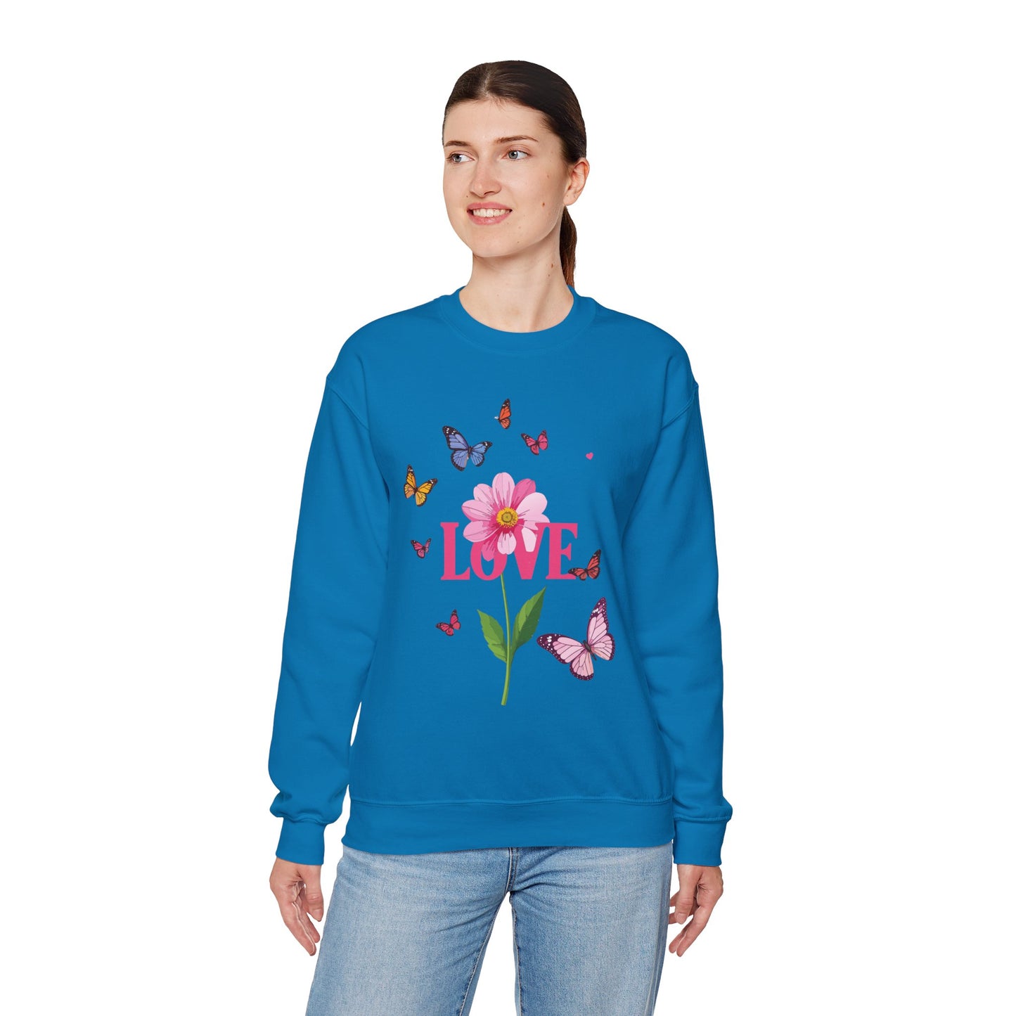 Unisex Floral Love Sweatshirt Valentines Day Cotton Poly Blend Butterfly