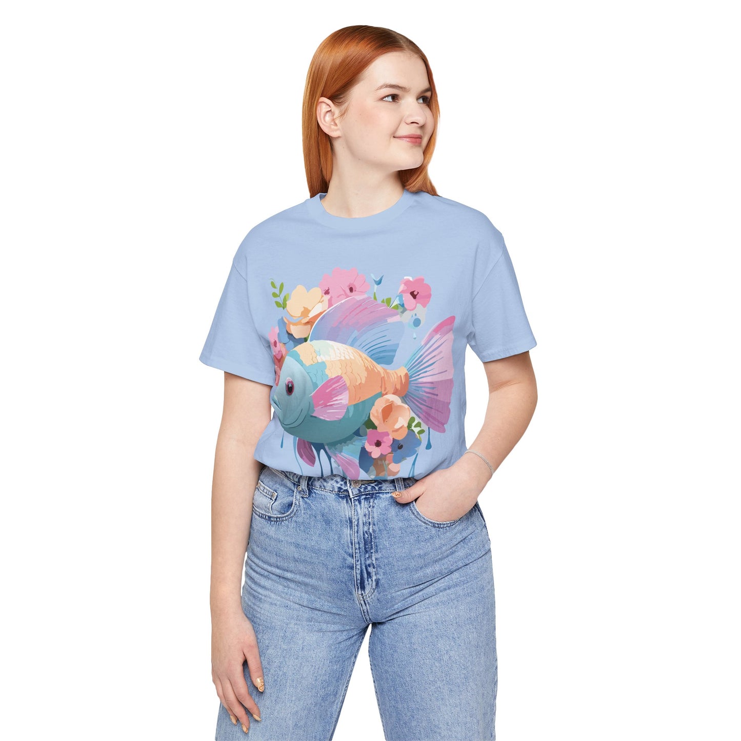 Natural Cotton Tee Shirt with Fish