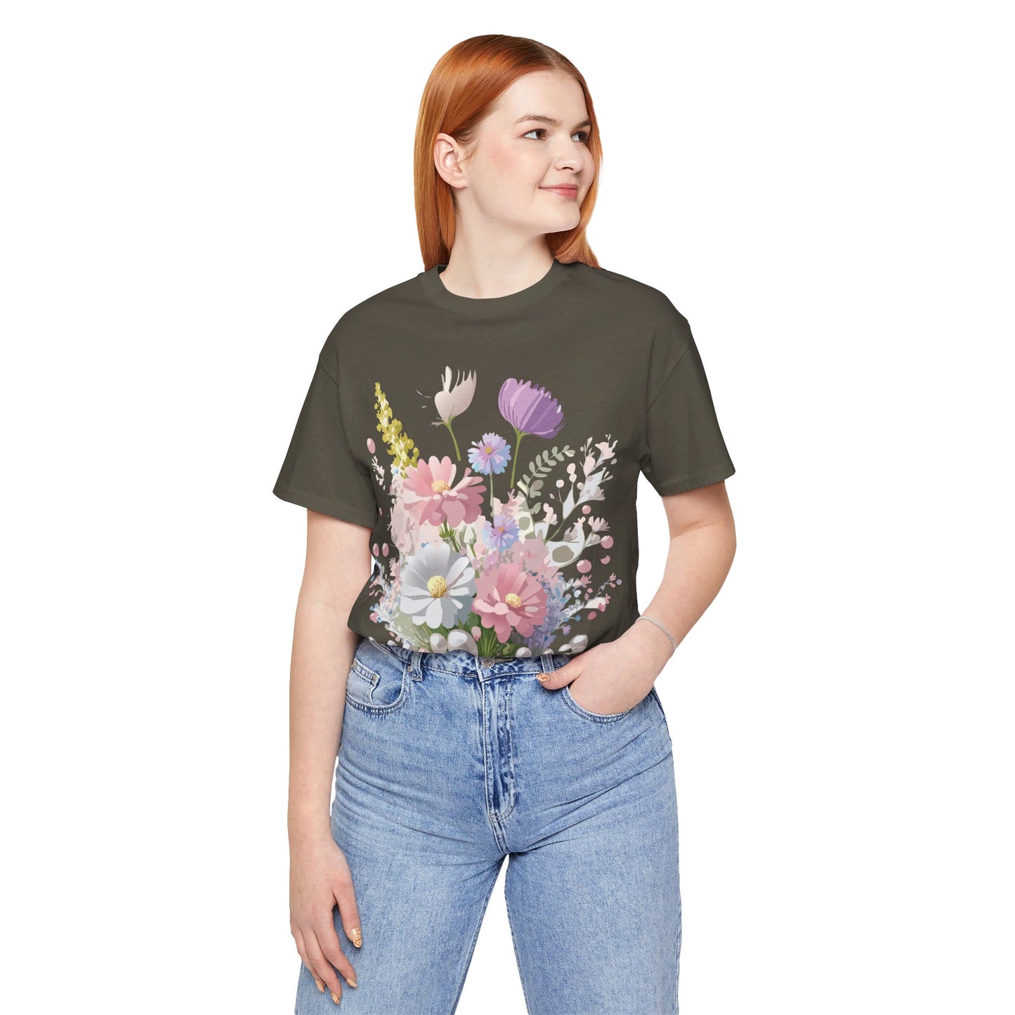 Natural Cotton Tee Shirt with Flowers