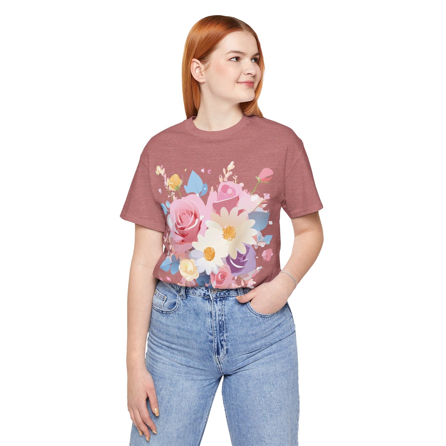 Natural Cotton Tee Shirt with Flowers