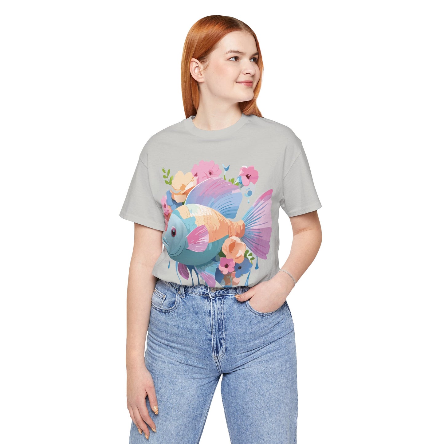 Natural Cotton Tee Shirt with Fish