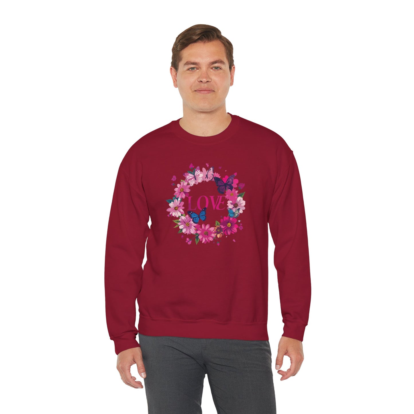 Unisex Floral Love Sweatshirt Butterfly Print 50 50 Cotton Poly Valentines Day