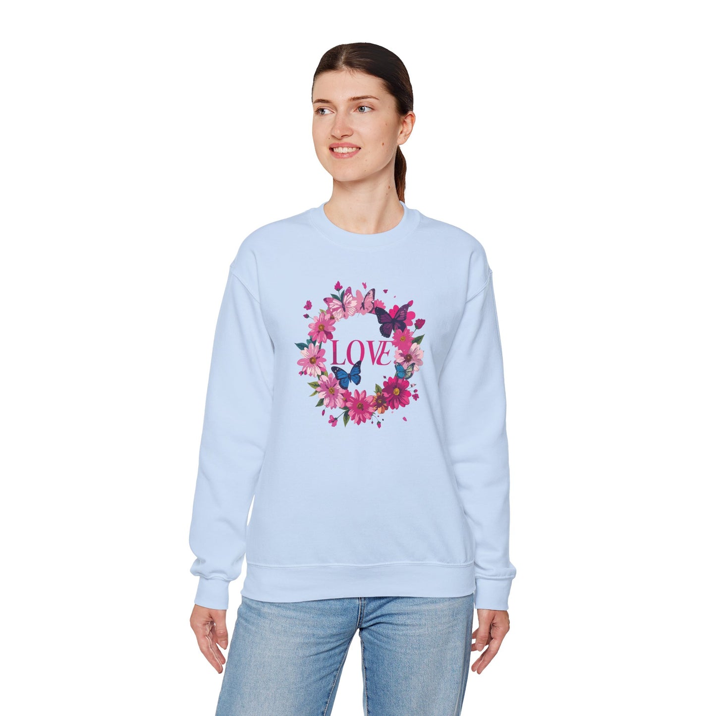 Unisex Floral Love Sweatshirt Butterfly Print 50 50 Cotton Poly Valentines Day