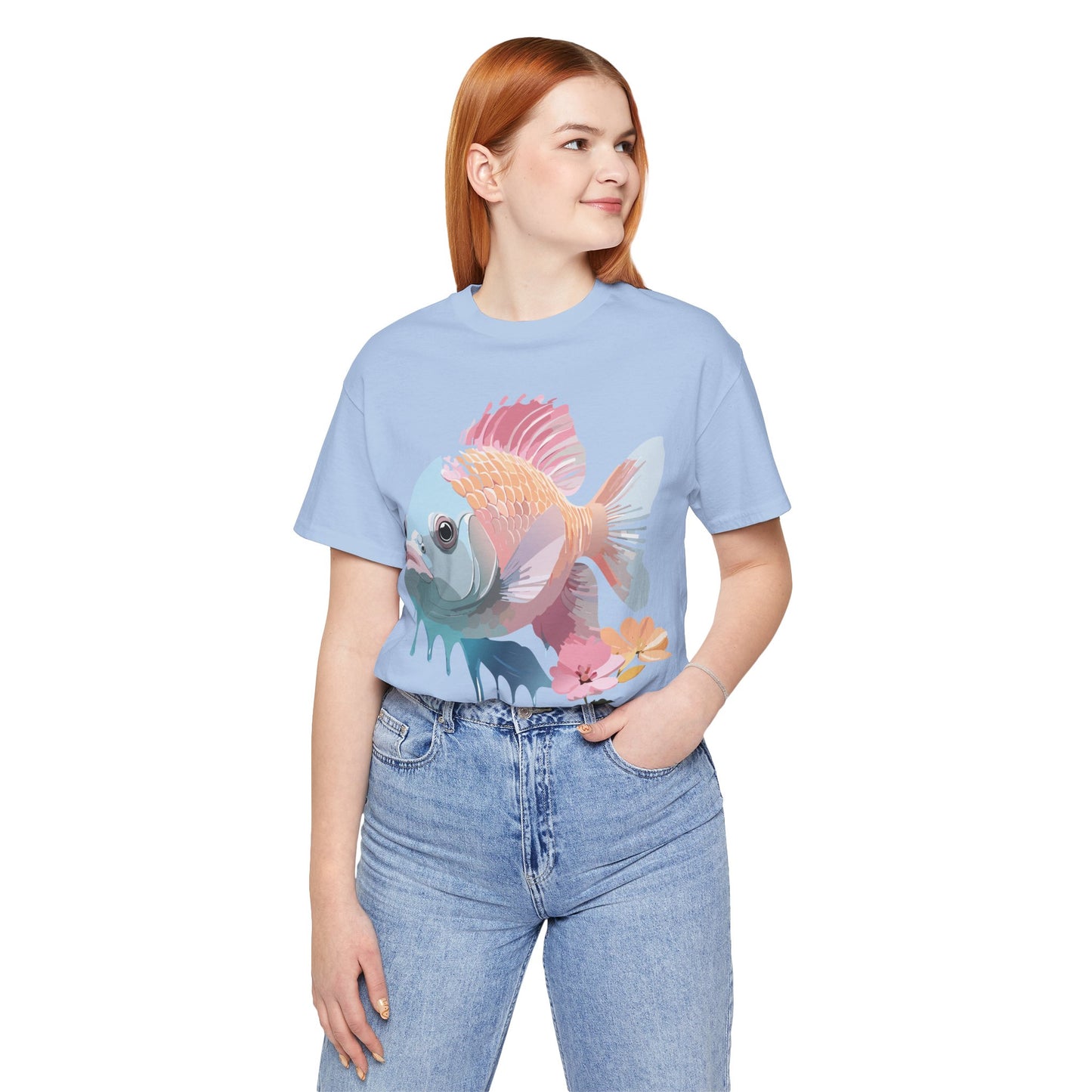 Natural Cotton Tee Shirt with Fish