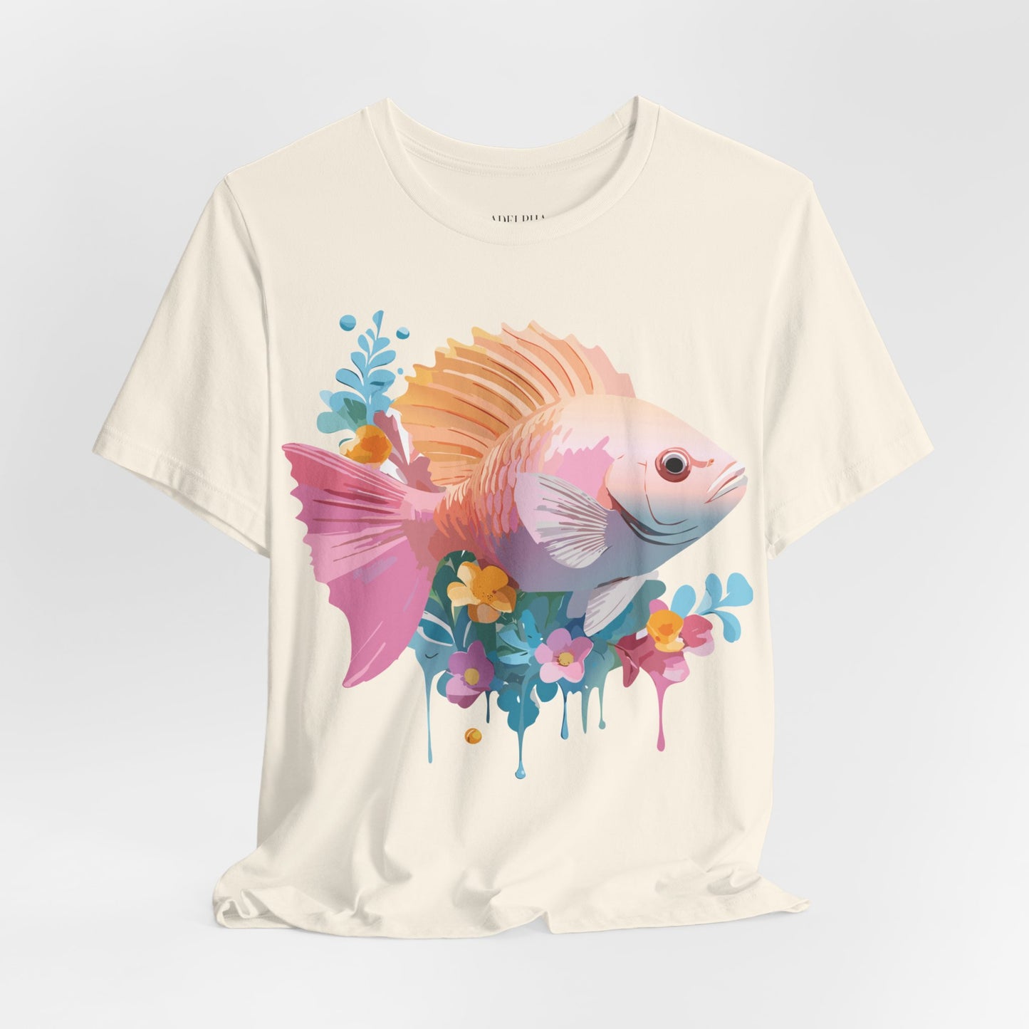 Natural Cotton Tee Shirt with Fish