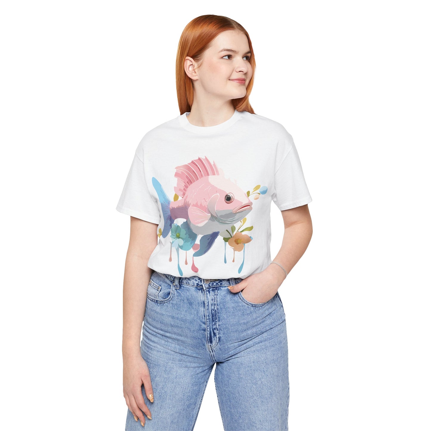 Natural Cotton Tee Shirt with Fish