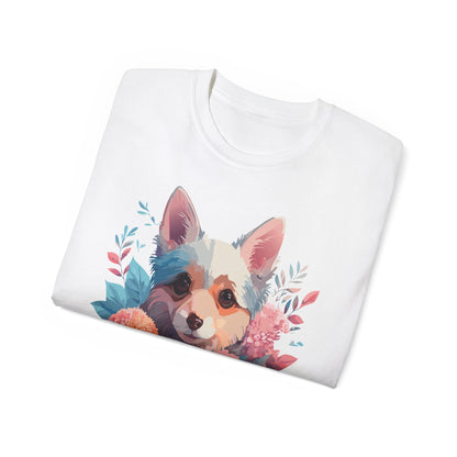 Unisex Animal Print T Shirt Floral Dog Design Graphic Tee Premium Cotton