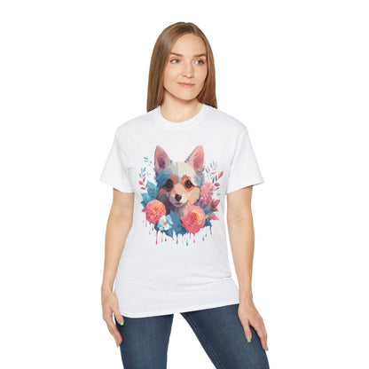 Unisex Animal Print T Shirt Floral Dog Design Graphic Tee Premium Cotton