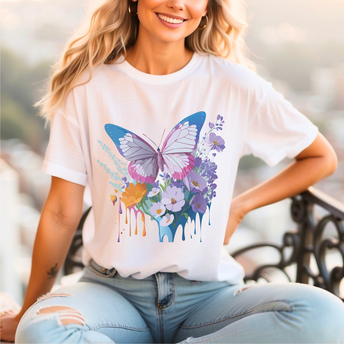 Natural Cotton Tee Shirt with Butterfly