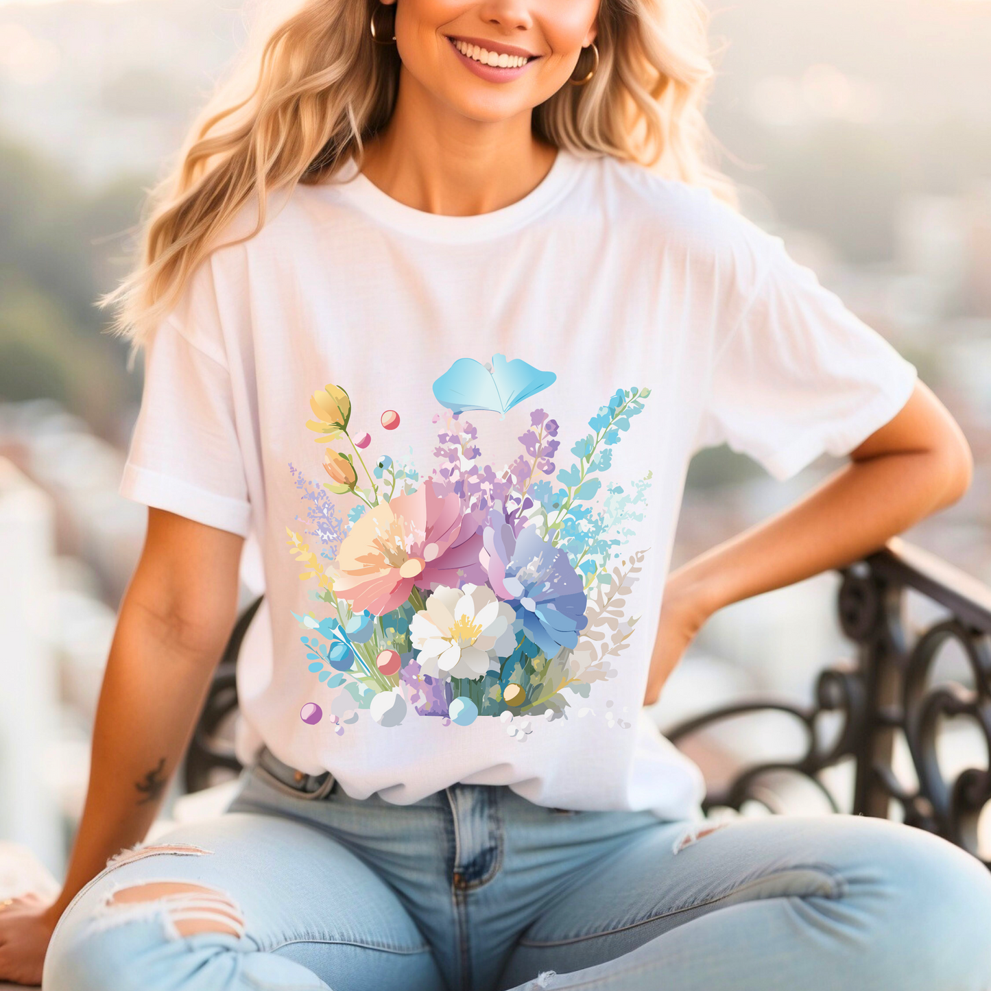 Natural Cotton Tee Shirt with Flowers