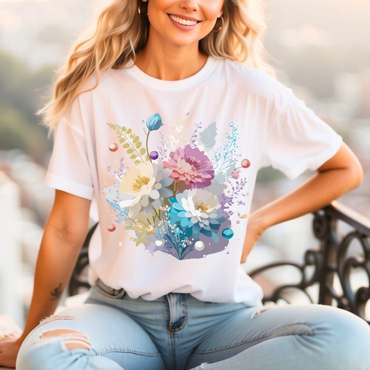 Natural Cotton Tee Shirt with Flowers