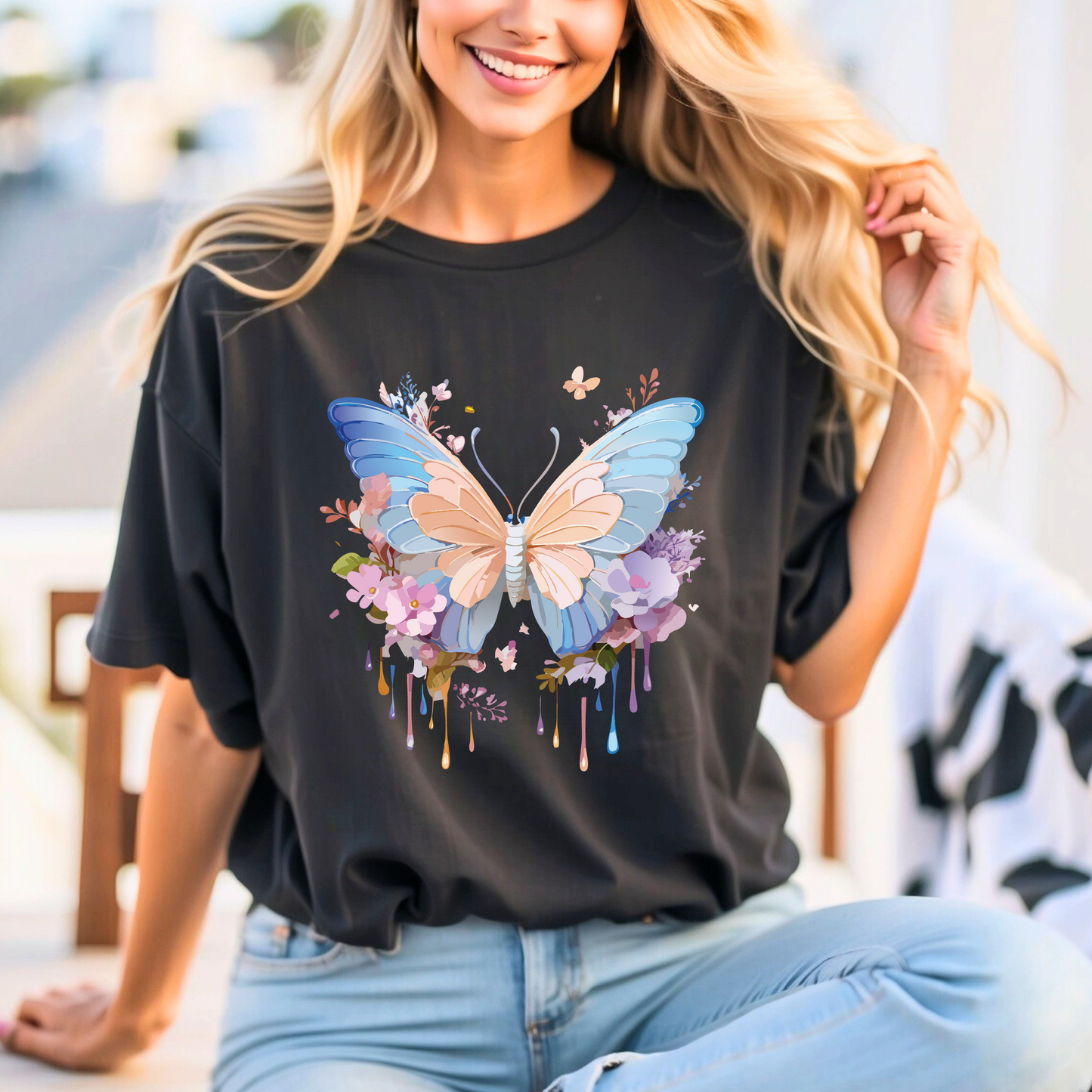 Natural Cotton Tee Shirt with Butterfly