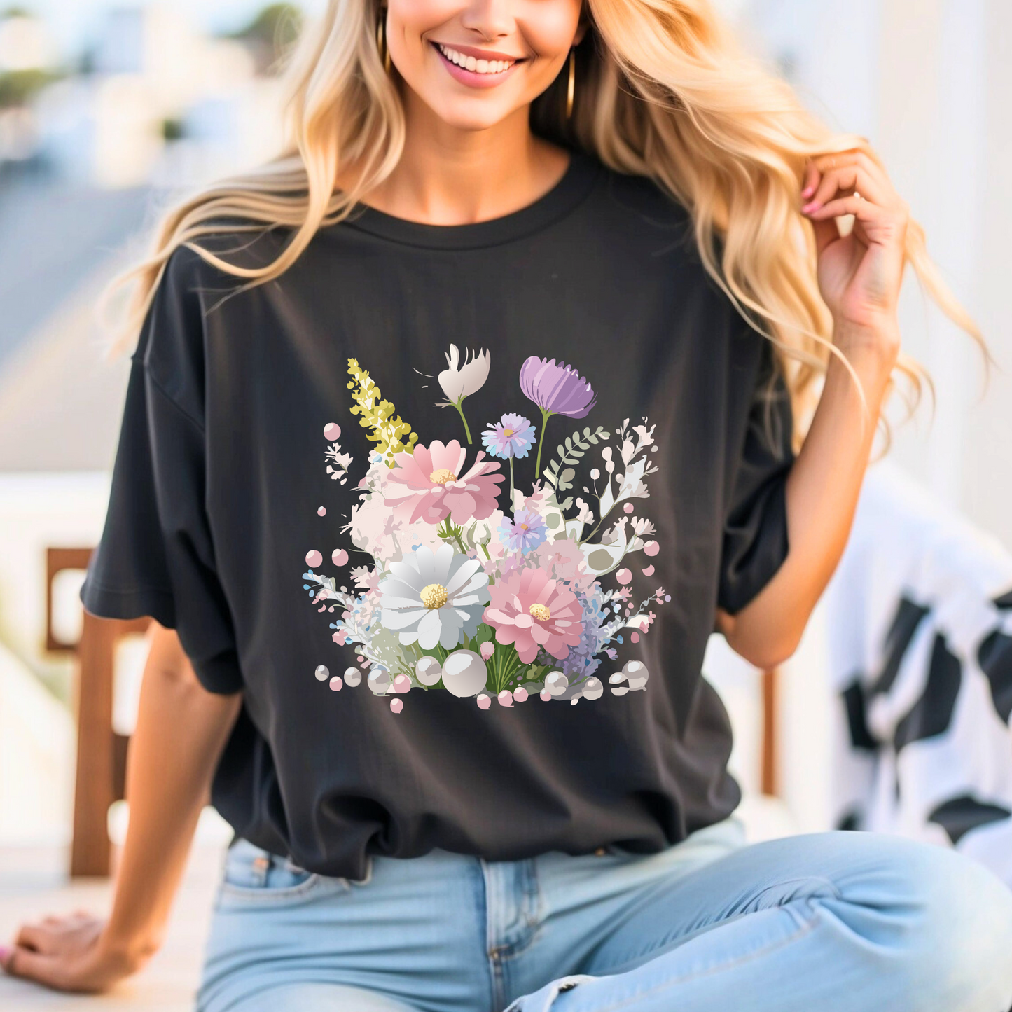 Natural Cotton Tee Shirt with Flowers